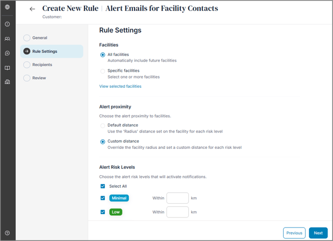 Alert Email Rules-Facility Contacts_Rule Settings Custom Distance