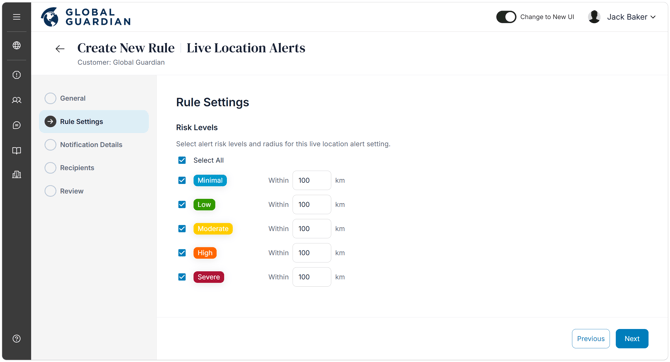 Alert Notifiations - Live Locations - Risk Levels