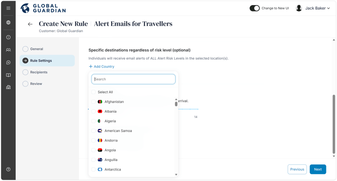 Email Alerts to Travelers - Alert Risk Levels - Specific Countries