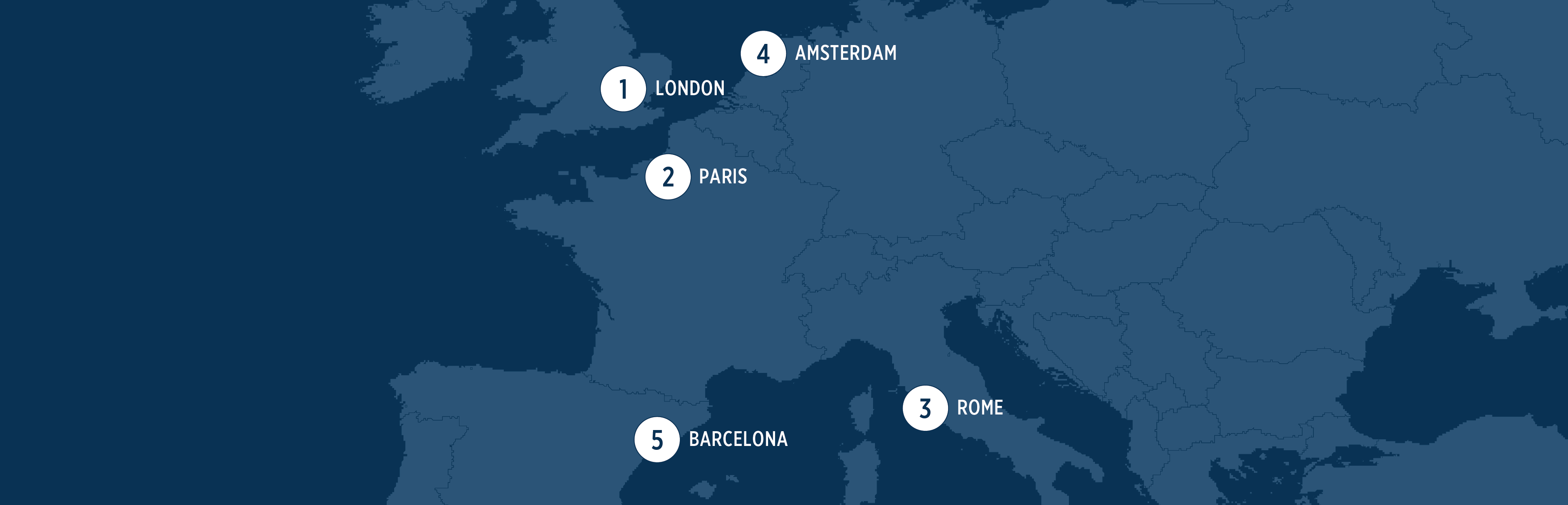 Map showing the top five destinations in Europe