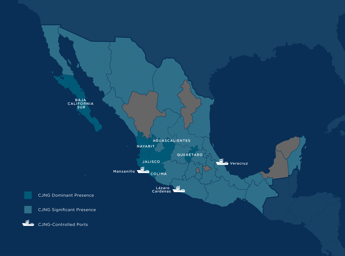 Map of Mexico showing the presence of the CJNG cartel in different regions. 