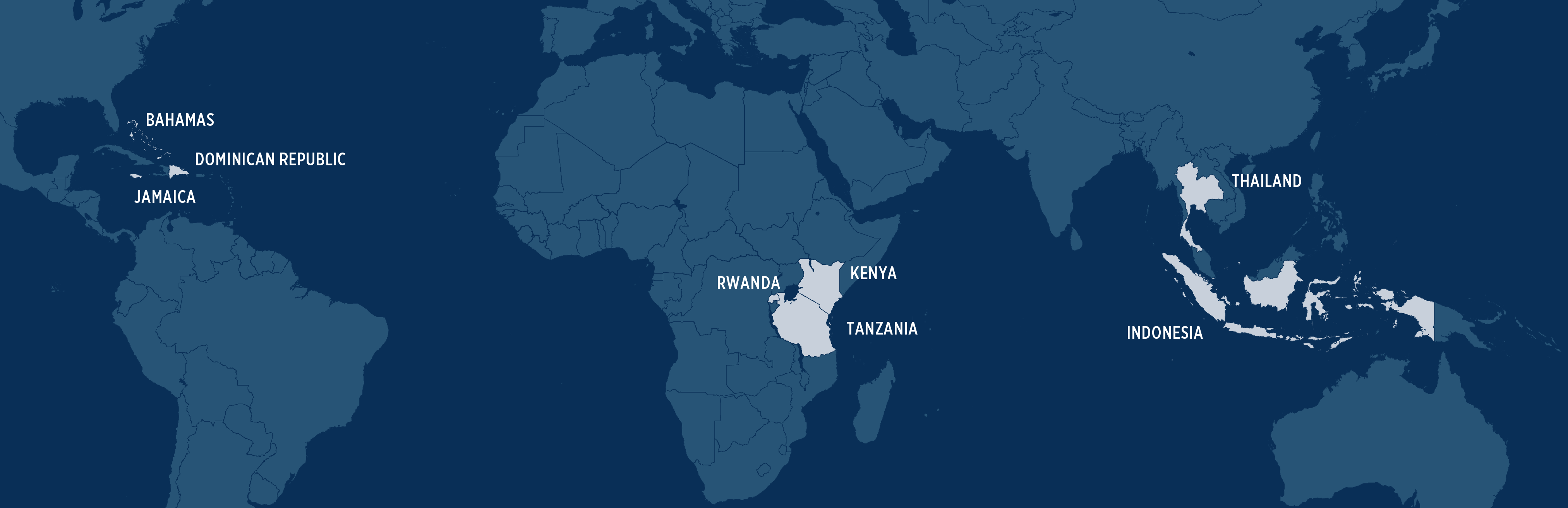 A map of countries around the world where Global Guardian recommends having medevac service while traveling, including Thailand, Indonesia, Rwanda, and other popular locations.