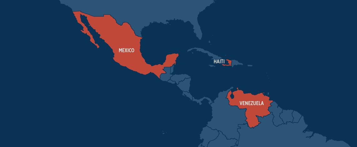 Map of the most dangerous countries in the Americas.
