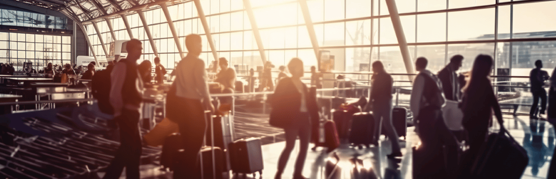 Busy airport hub with travelers setting out on business trips.