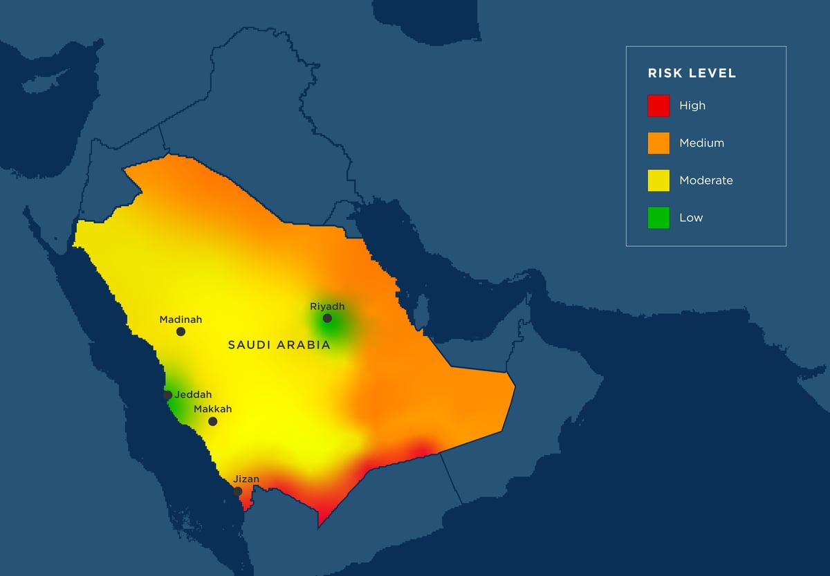 Risk map of Saudi Arabia, showing risk levels from low to high in 2024