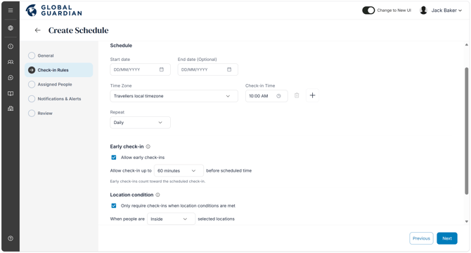 HALO - Check-In Schedules - Create Schedule - Check-In Rules