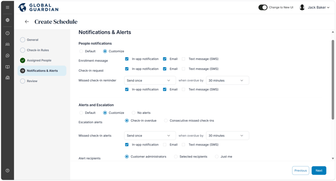 HALO - Check-In Schedules - Create Schedule - Notifications & Alerts