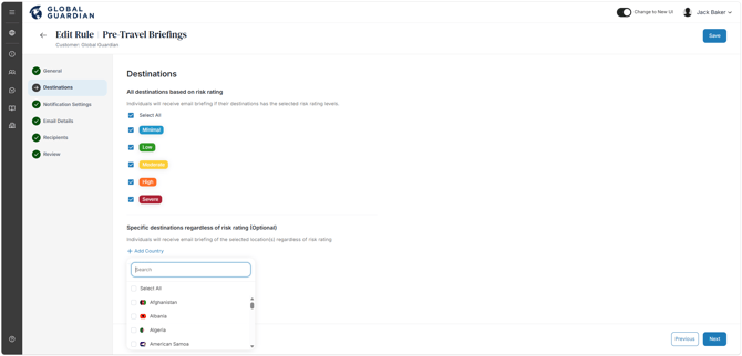 HALO - Platform Notifications - Pre-Travel Briefings - Destinations