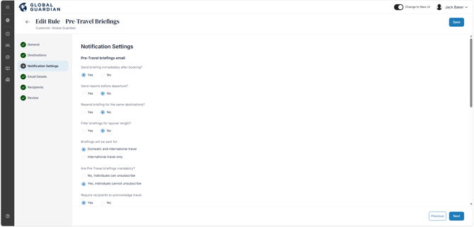 HALO - Platform Notifications - Pre-Travel Briefings - Notification Settings