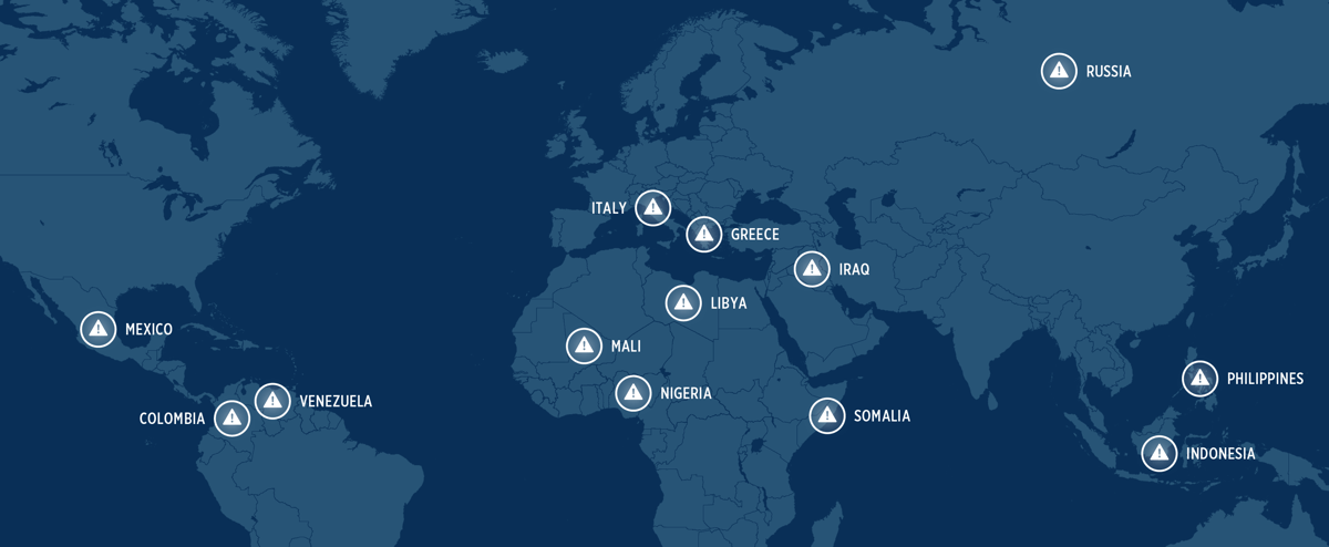 Global map of kidnapping hot spots, including Iraq, Somalia, and Mexico.